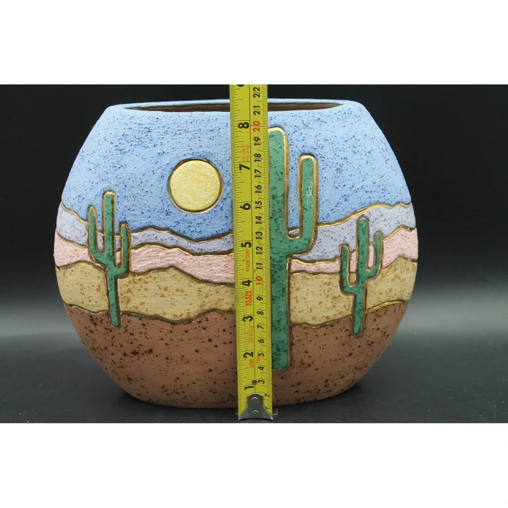Frank Garza Signed Southwest Pottery Planter Coyote Cactus Desert Vase 10